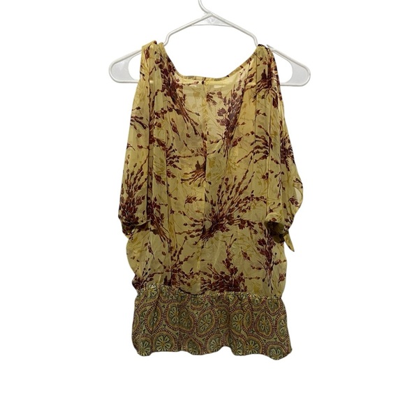 Fig and Flower Floral Yellow and Brown Women's Sheer Top - Picture 1 of 7